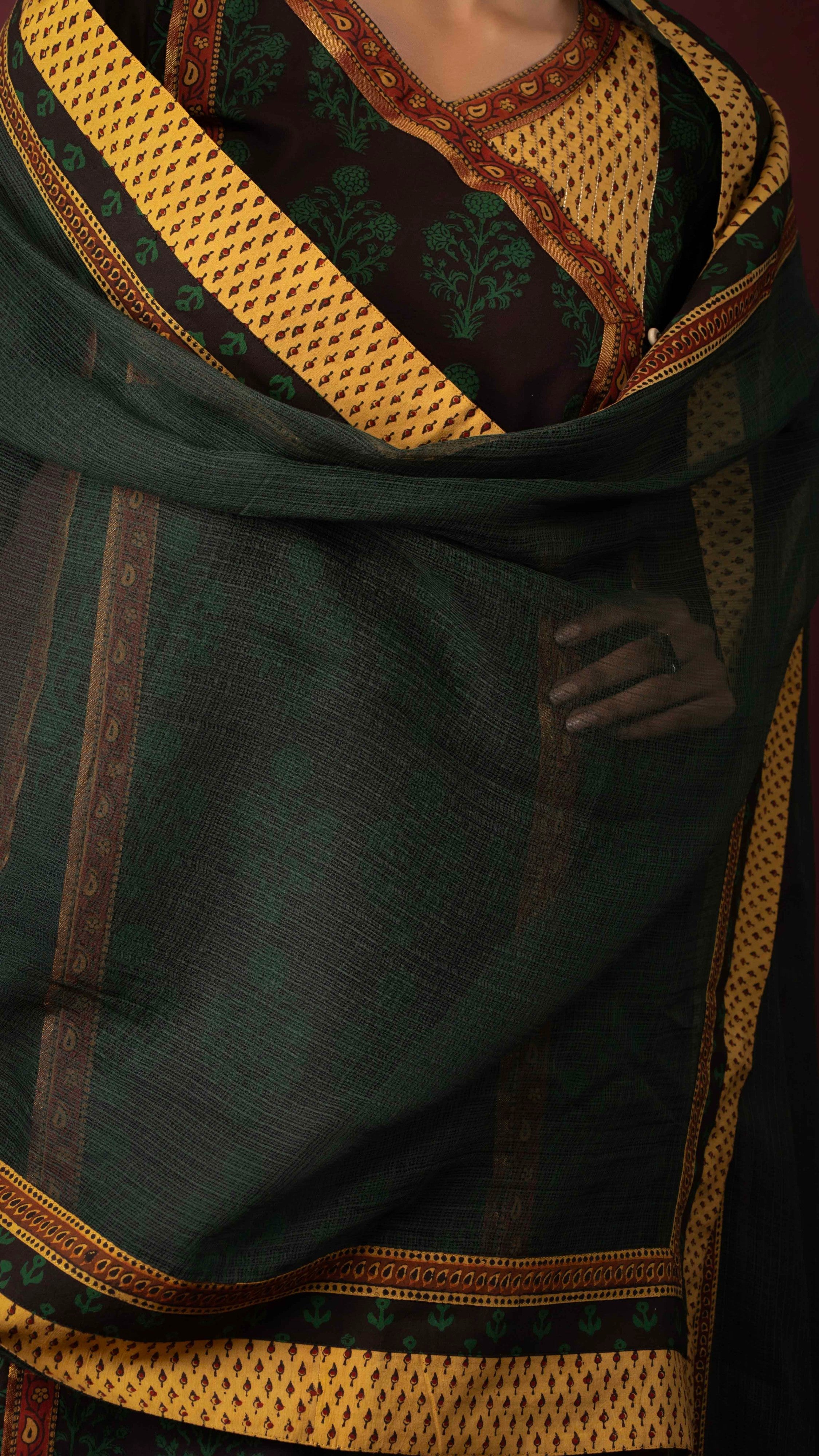 nargis Kota Doriya Dupatta  with Ajrakh and Bagh borders