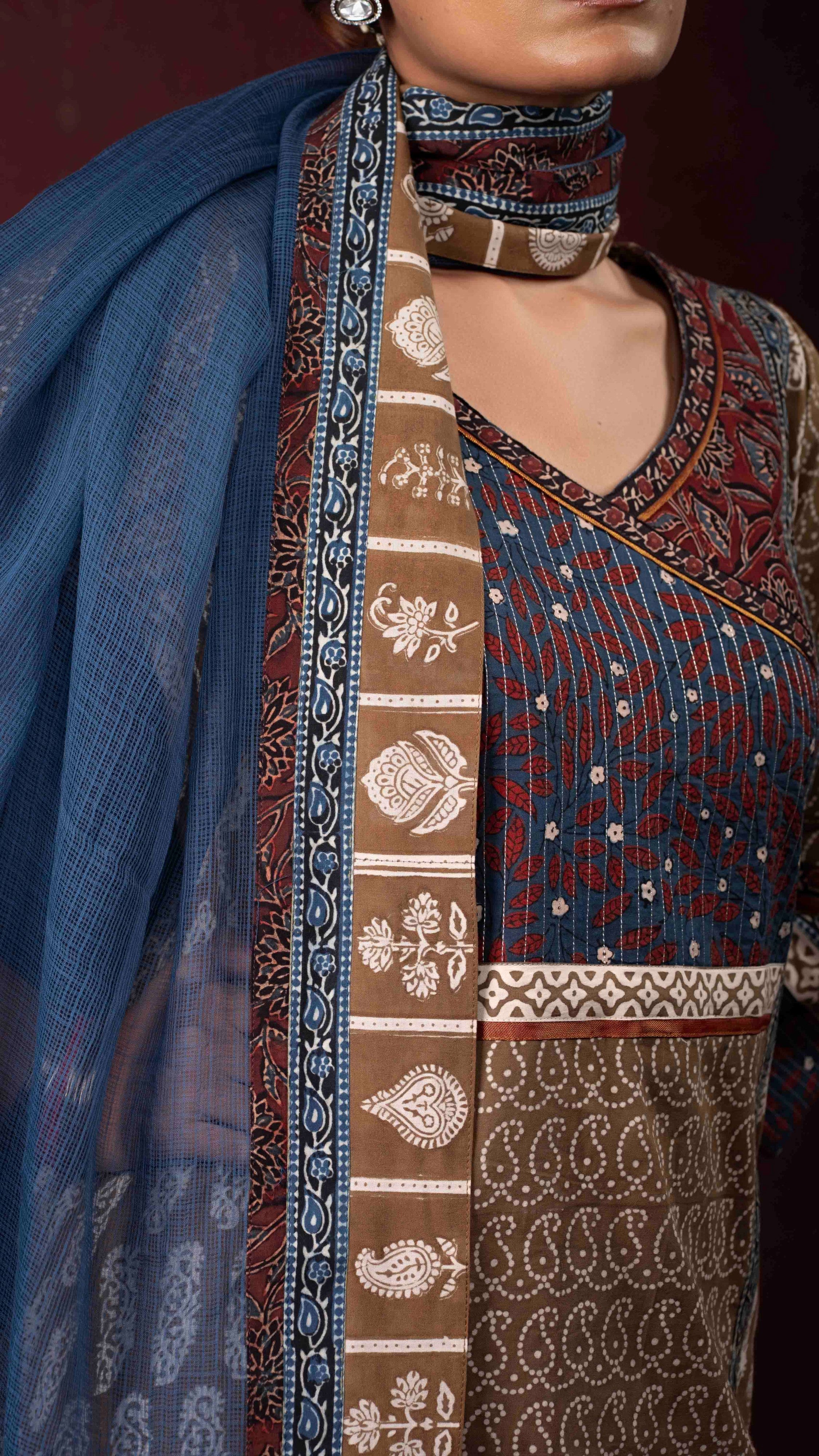 Rooh Kota Doriya Dupatta with Ajrakh and Bagh borders