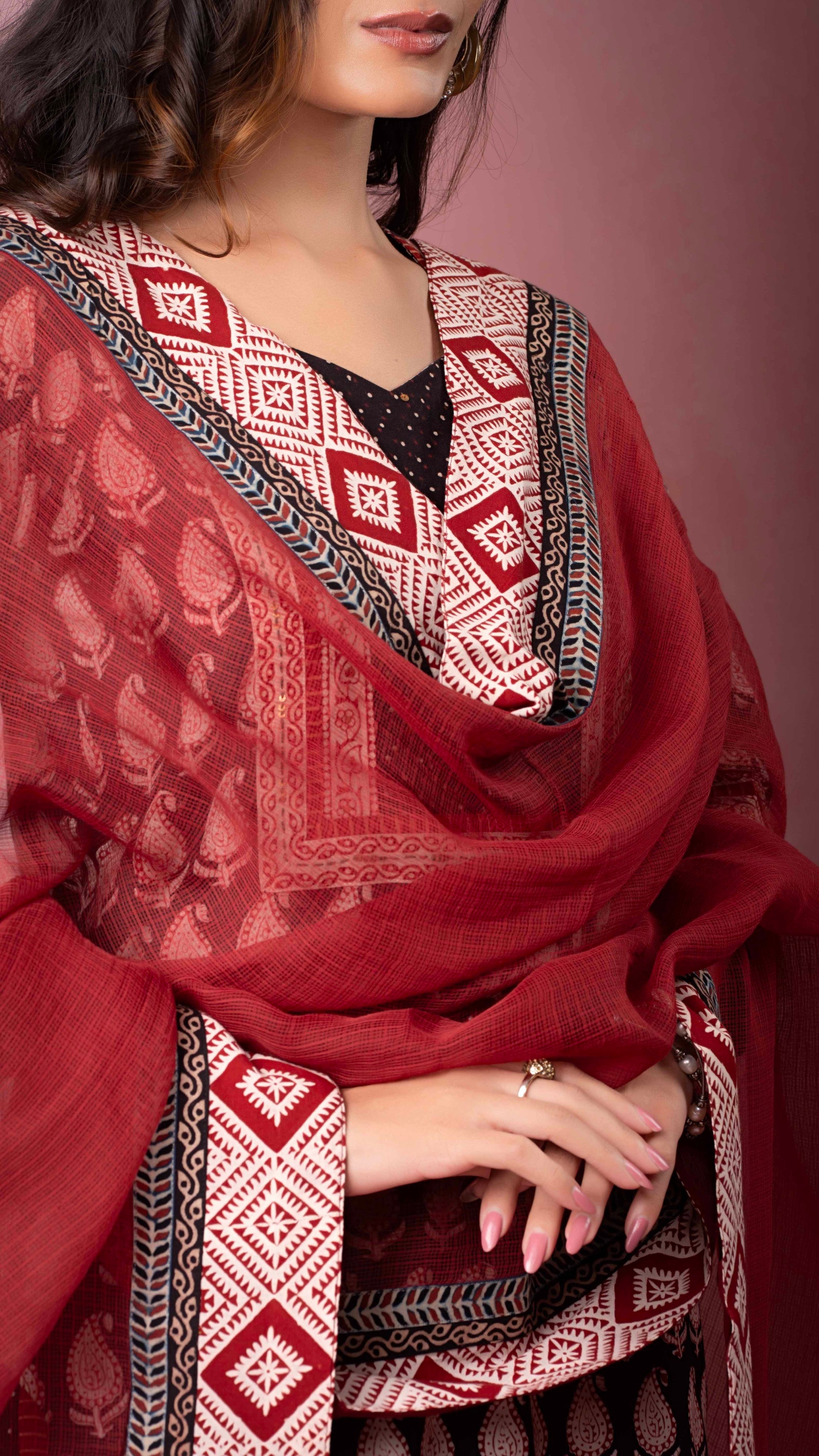 Nasreen Kota Doriya Dupatta with Ajrakh and Bagh borders