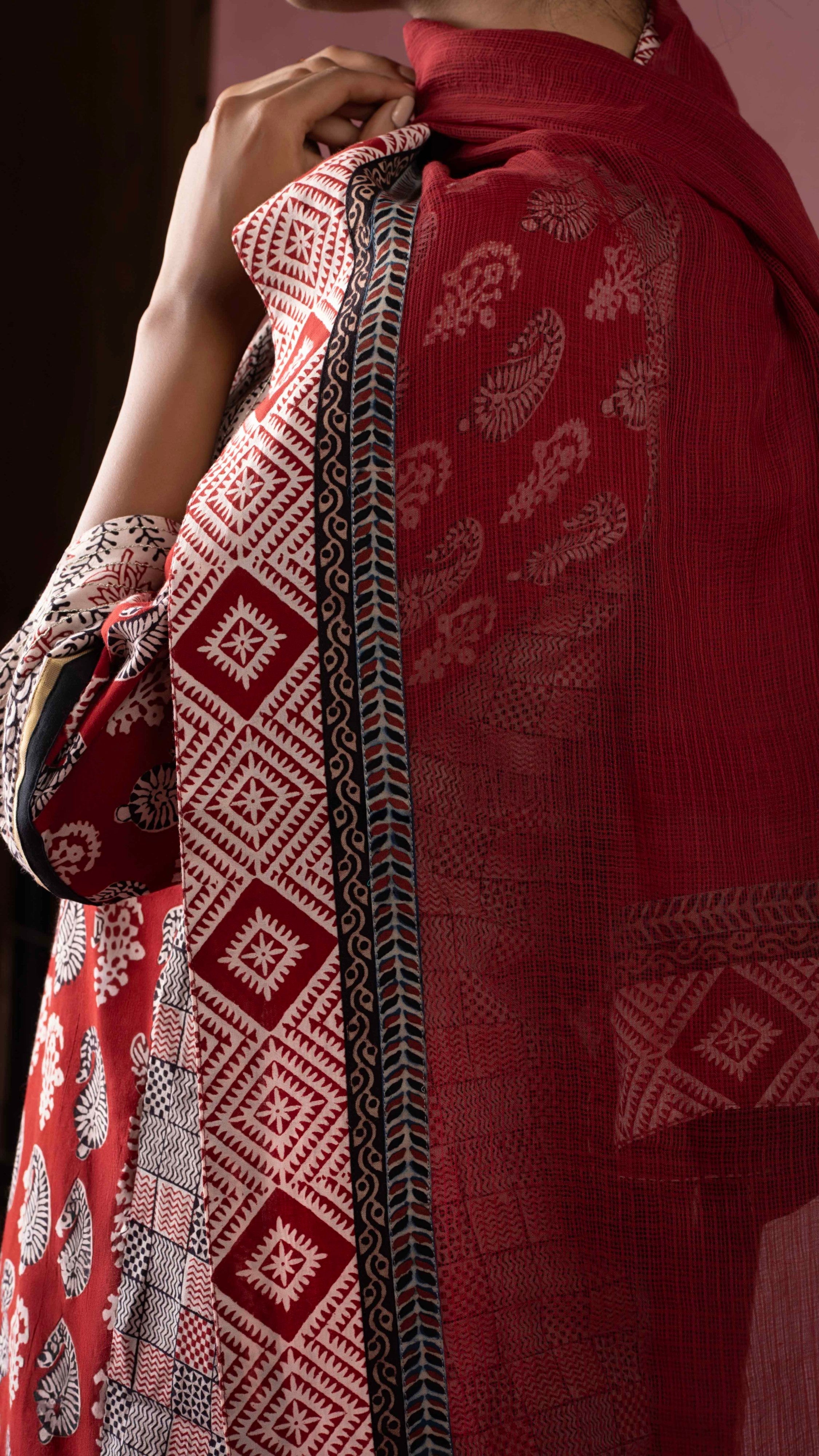 Nasreen Kota Doriya Dupatta with Ajrakh and Bagh borders