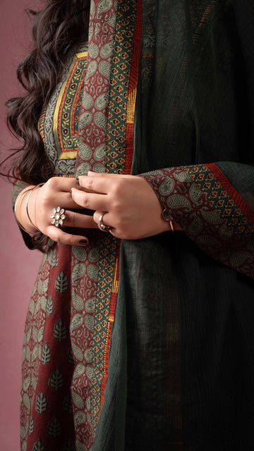 Swarali Kota Doriya Dupatta with Ajrakh and Bagh borders