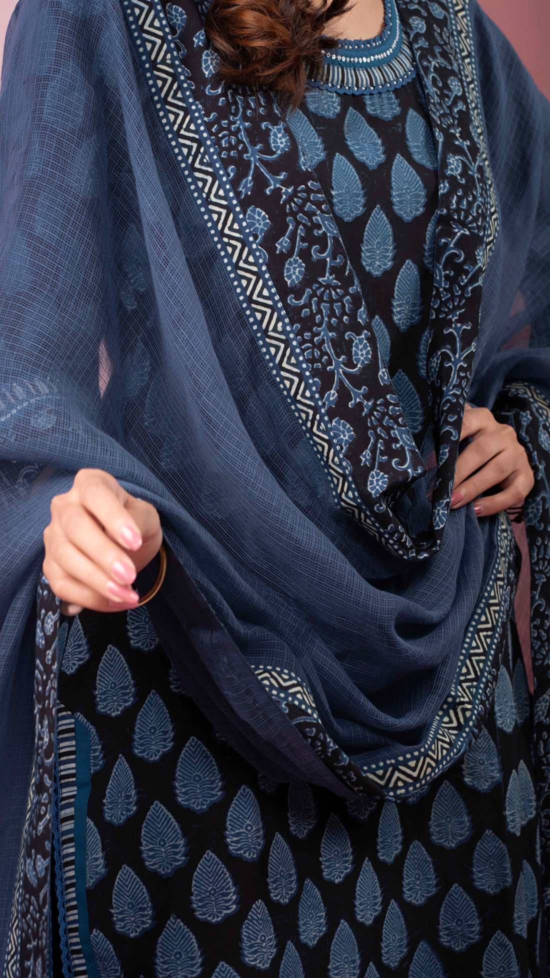 Afreen Kota Doriya Dupatta with Ajrakh and Bagh borders
