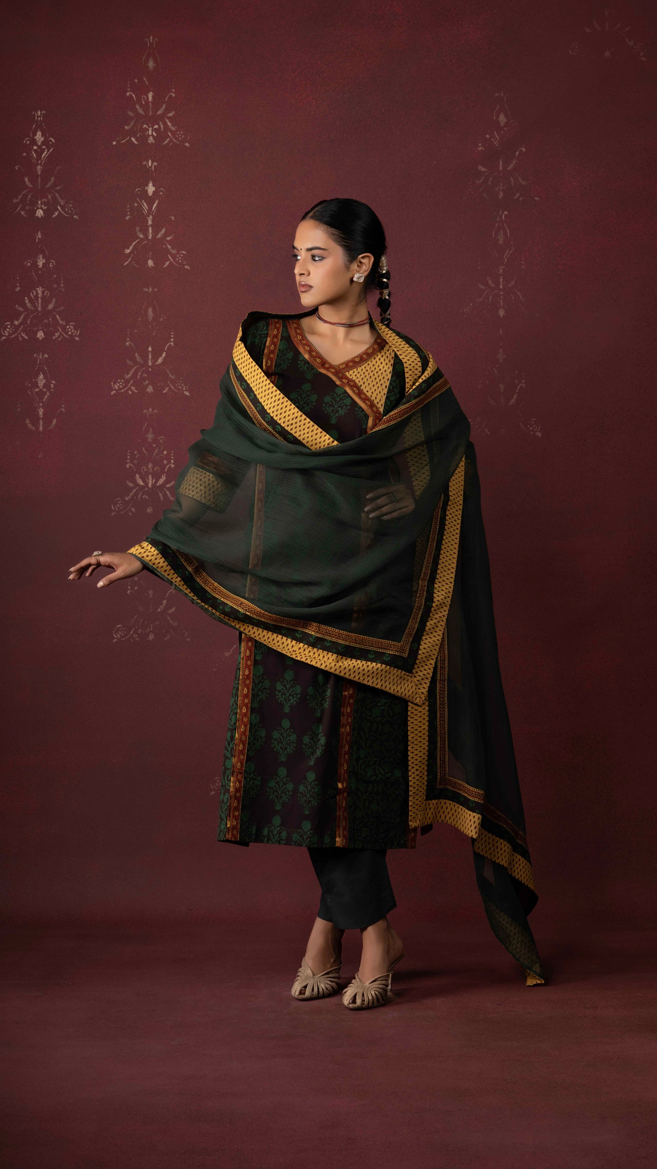 nargis Kota Doriya Dupatta  with Ajrakh and Bagh borders