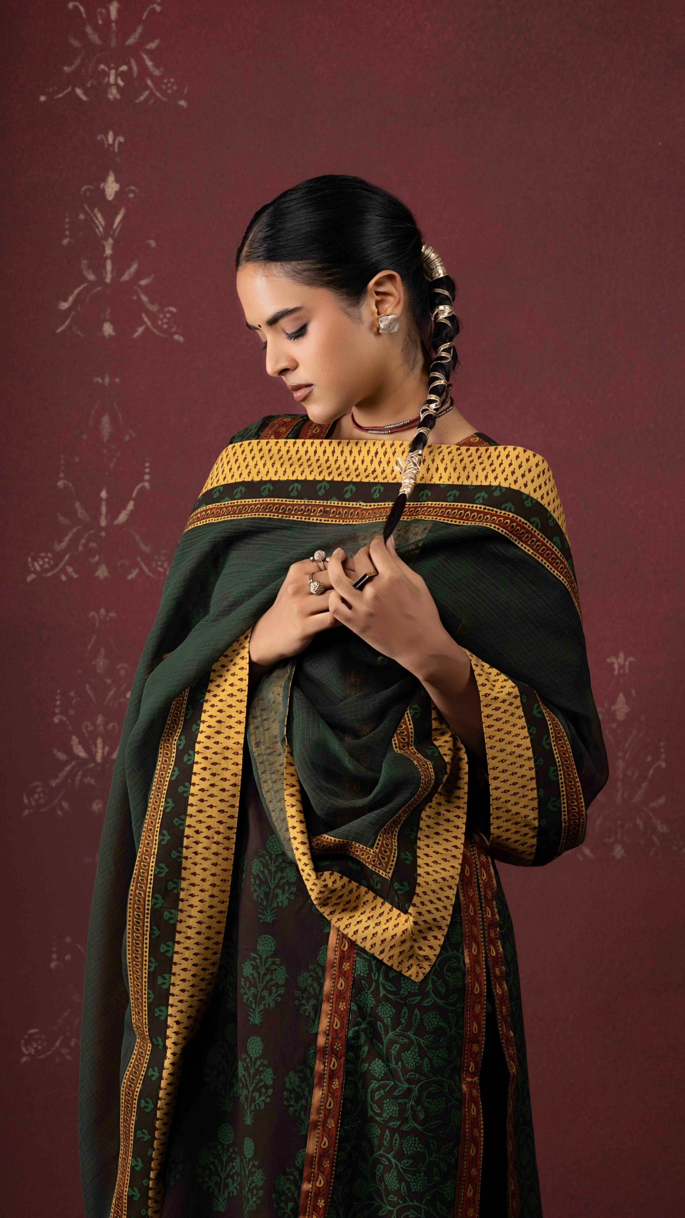 nargis Kota Doriya Dupatta  with Ajrakh and Bagh borders