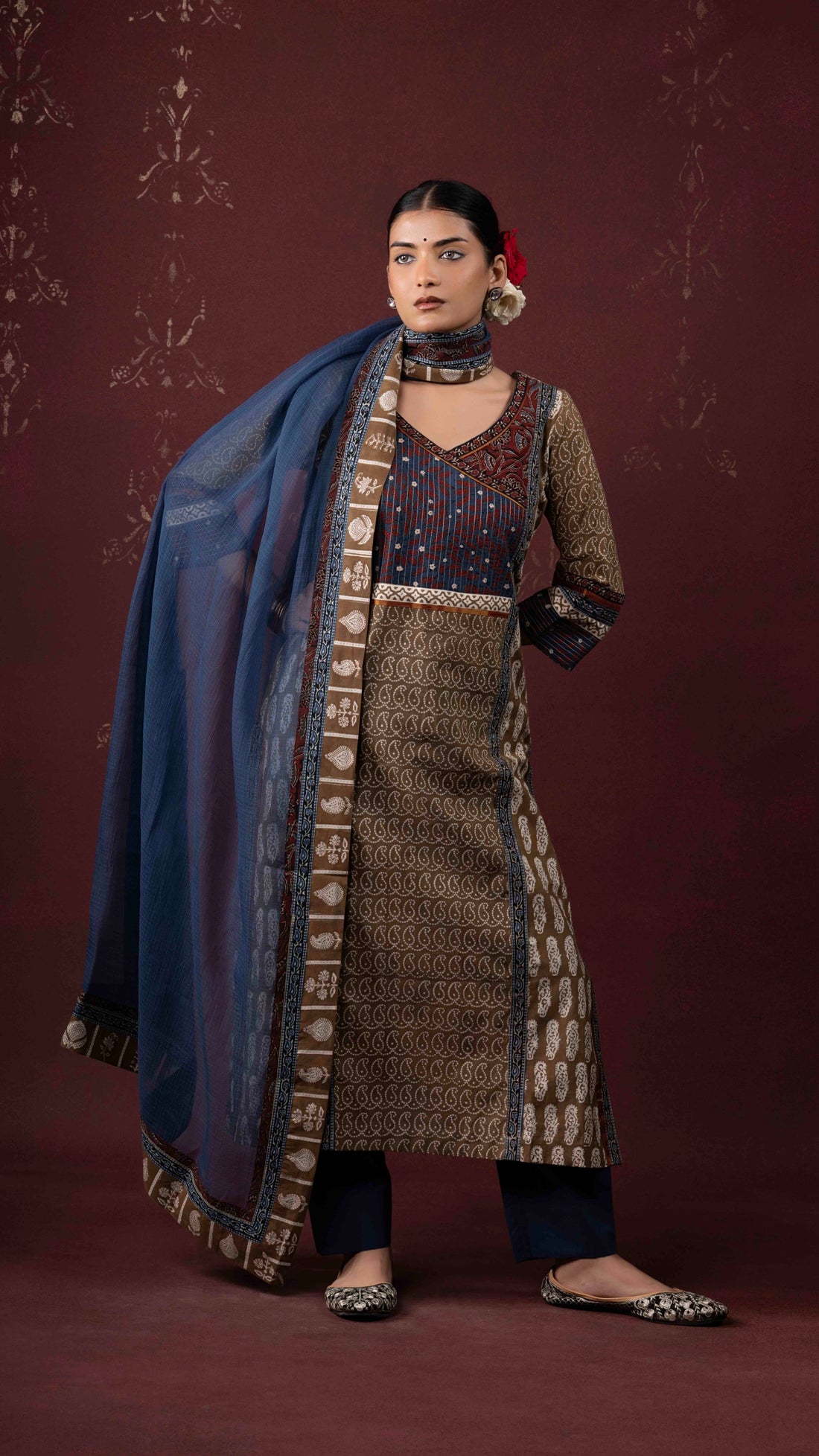 Rooh Kota Doriya Dupatta with Ajrakh and Bagh borders