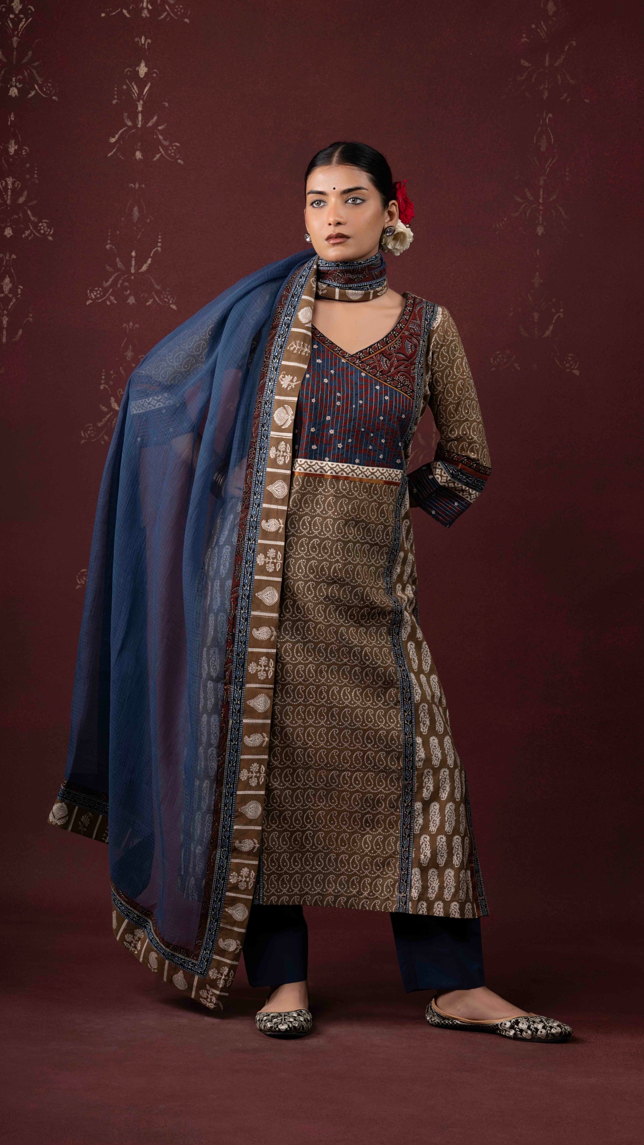 Rooh Kota Doriya Dupatta with Ajrakh and Bagh borders