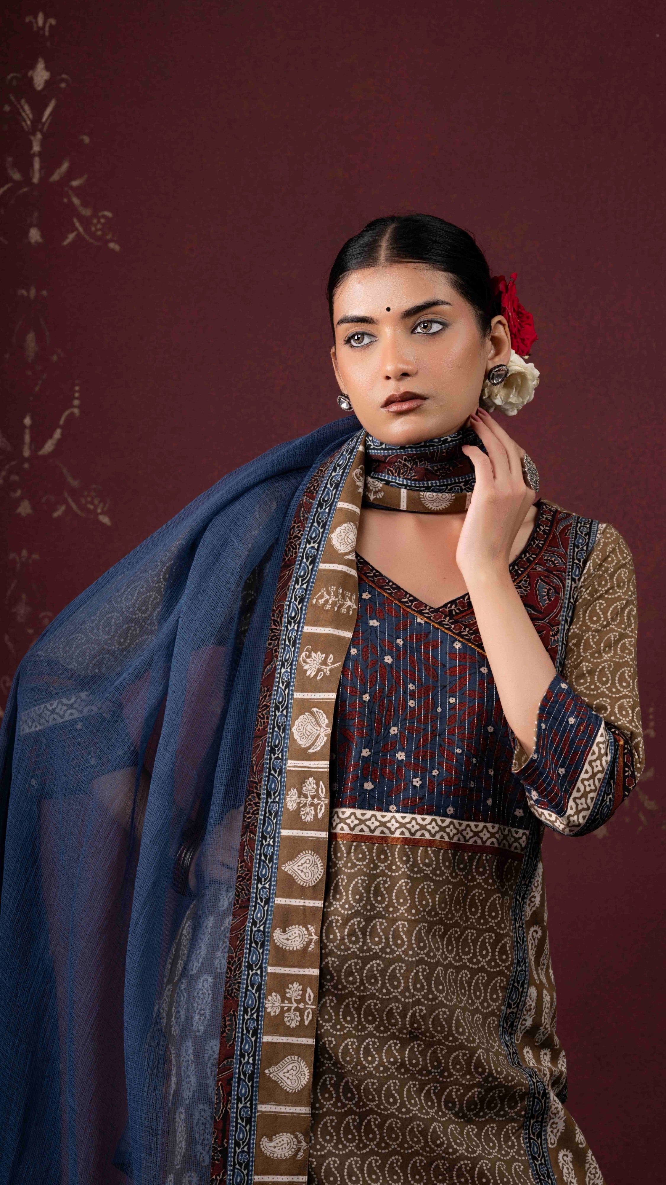 Rooh Kota Doriya Dupatta with Ajrakh and Bagh borders