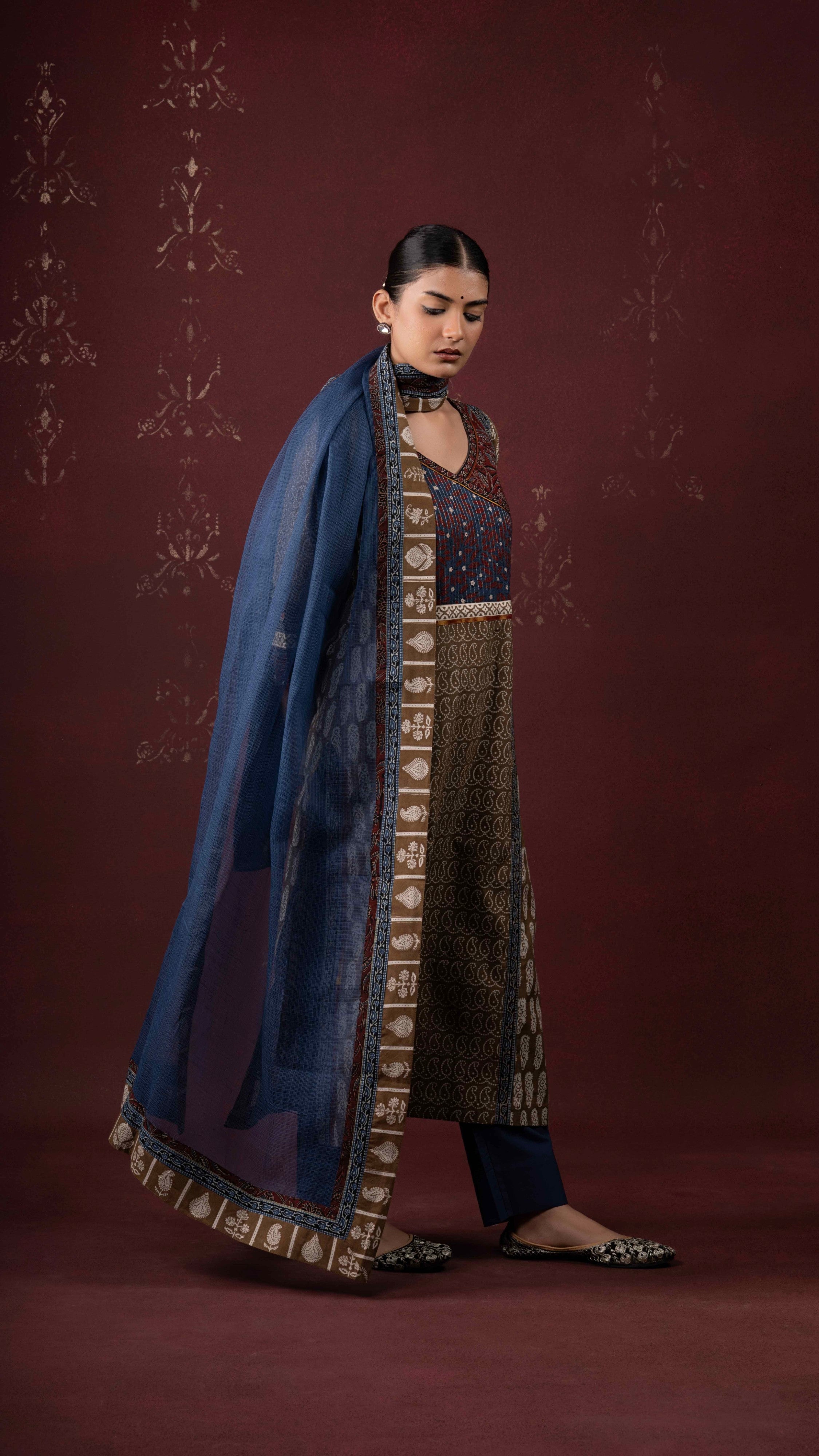 Rooh Kota Doriya Dupatta with Ajrakh and Bagh borders