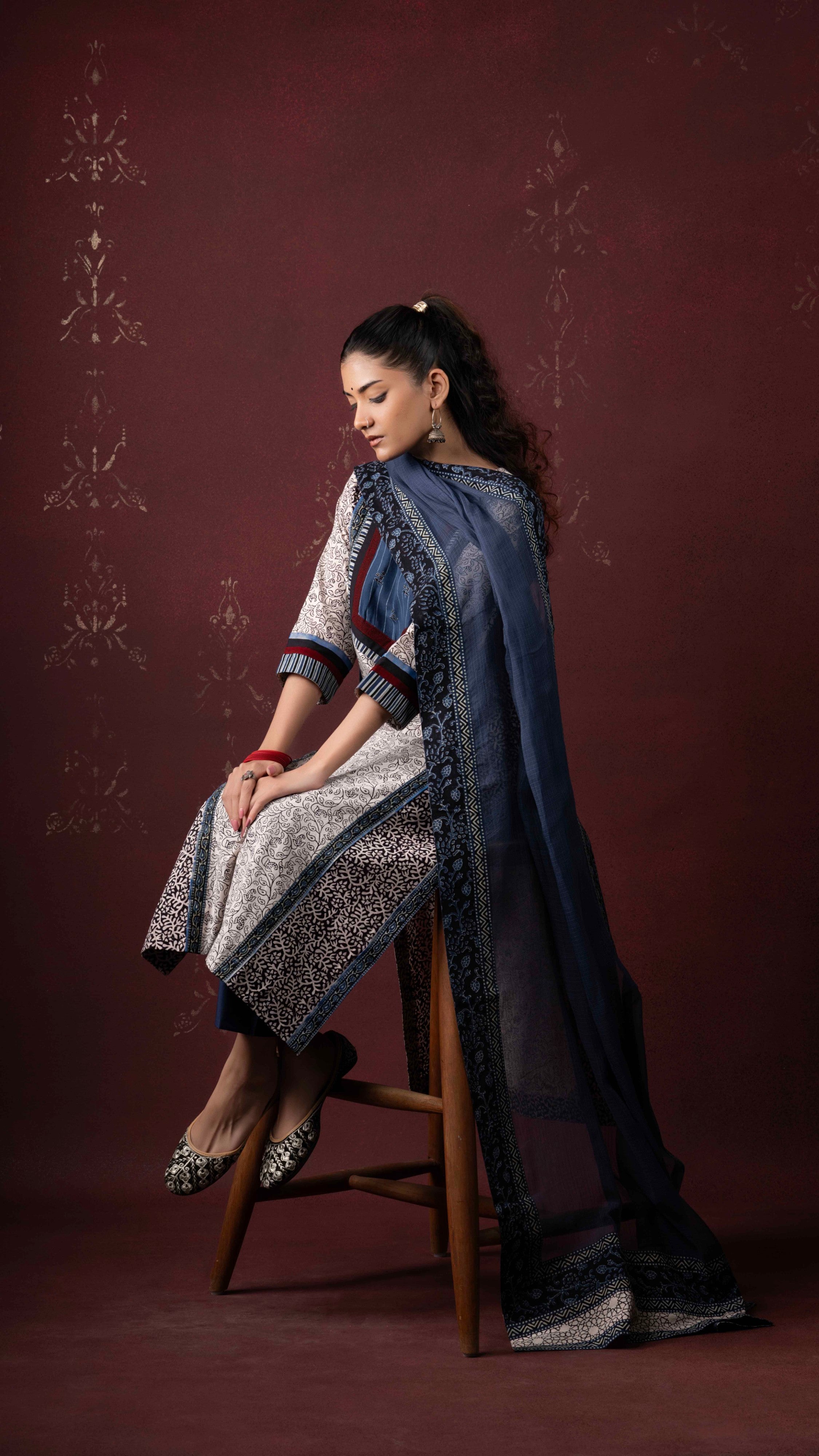 Afreen Kota Doriya Dupatta with Ajrakh and Bagh borders