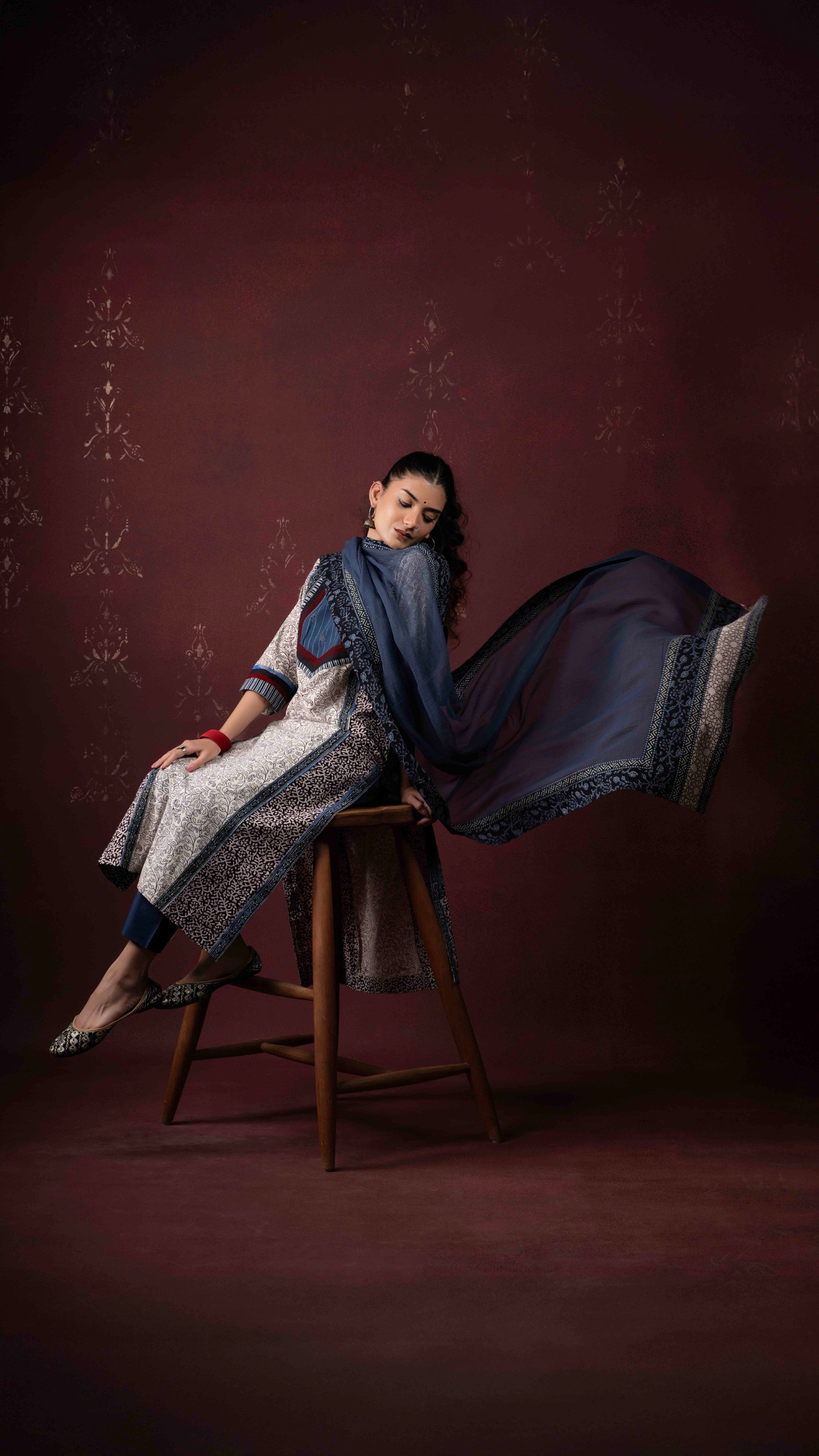 Afreen Kota Doriya Dupatta with Ajrakh and Bagh borders