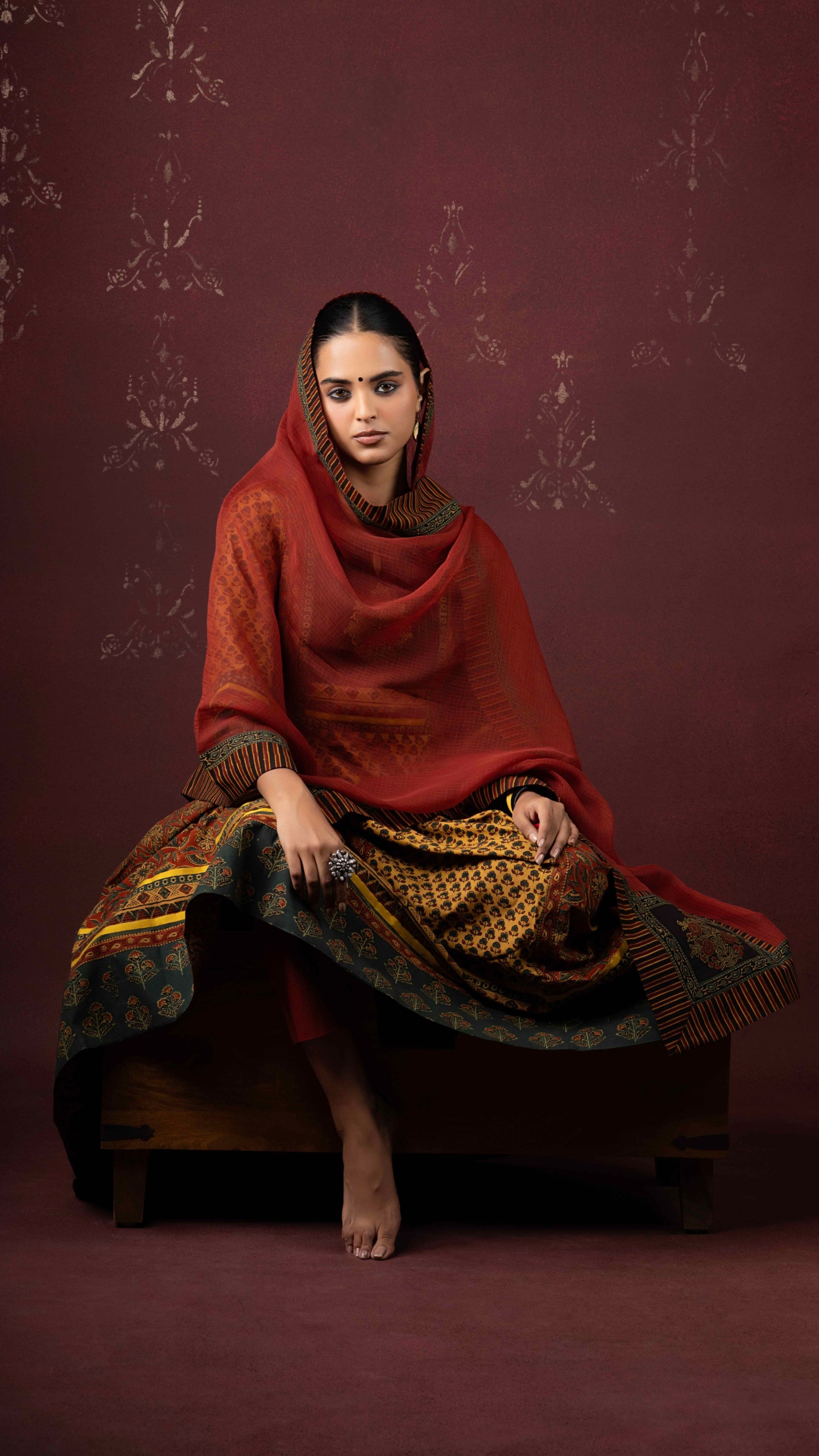 Mehrnaz Kota Doriya Dupatta  with Ajrakh borders