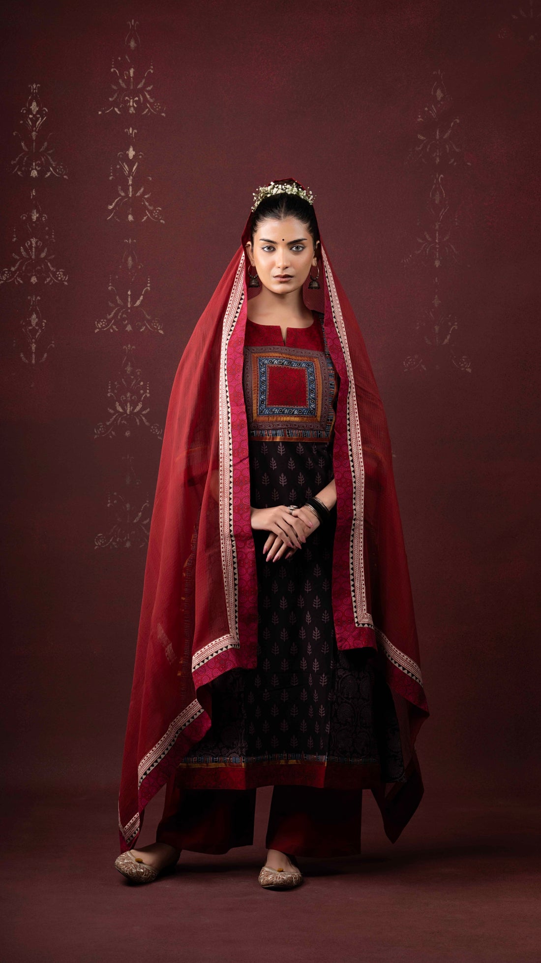 Mehrsa Kota Doriya Dupatta with Ajrakh and Bagh borders