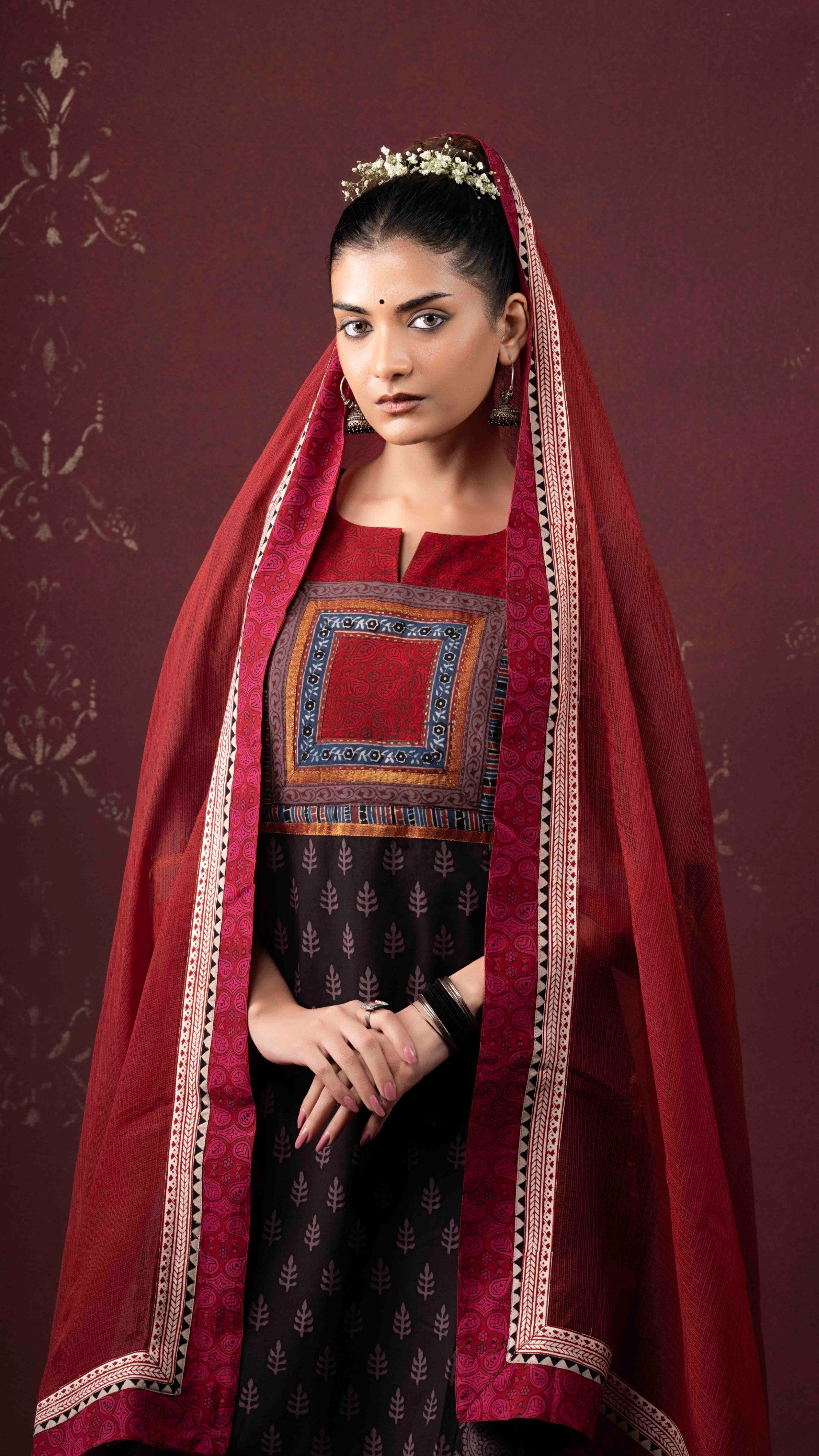 Mehrsa Kota Doriya Dupatta with Ajrakh and Bagh borders