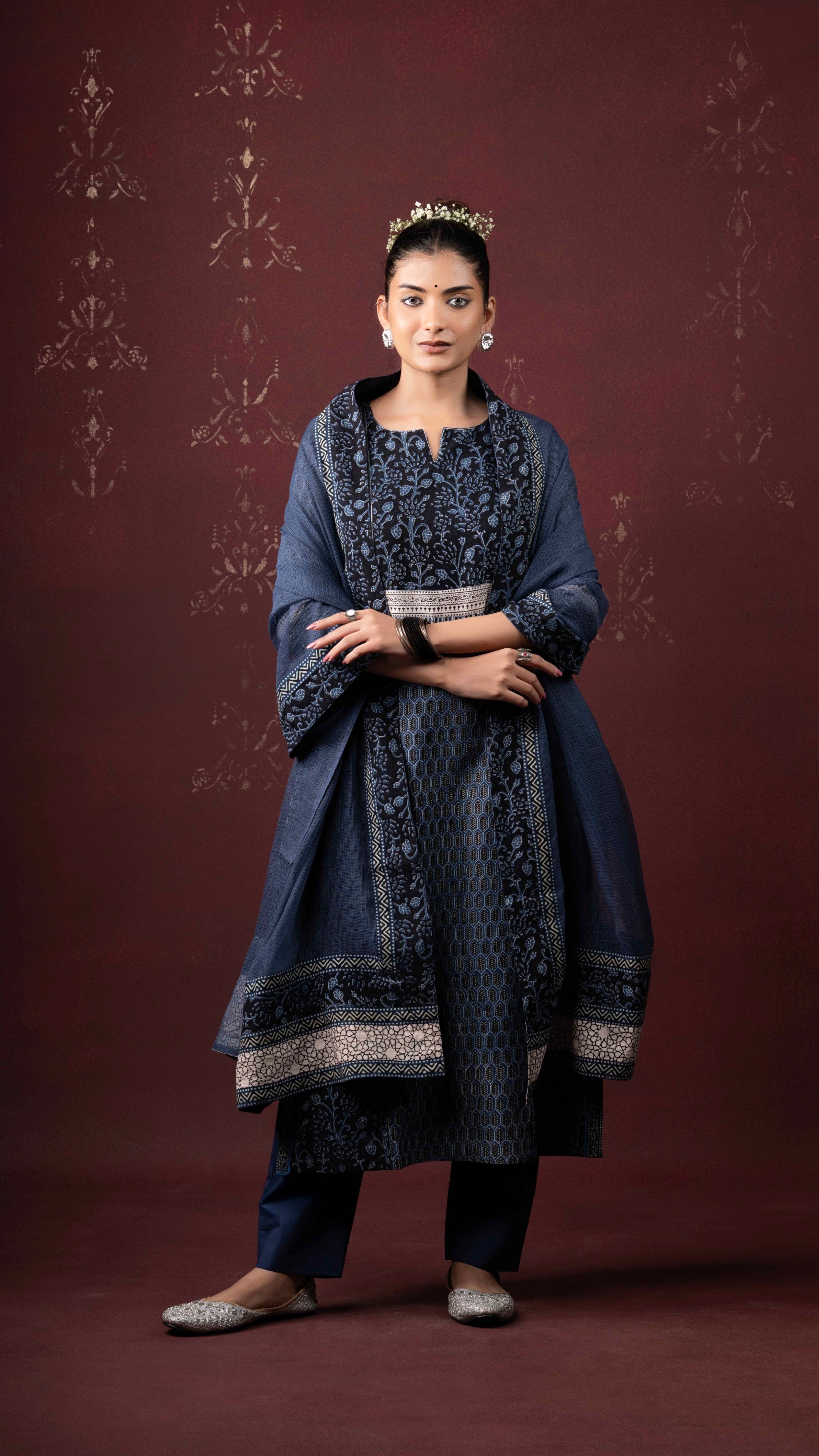 Afreen Kota Doriya Dupatta with Ajrakh and Bagh borders