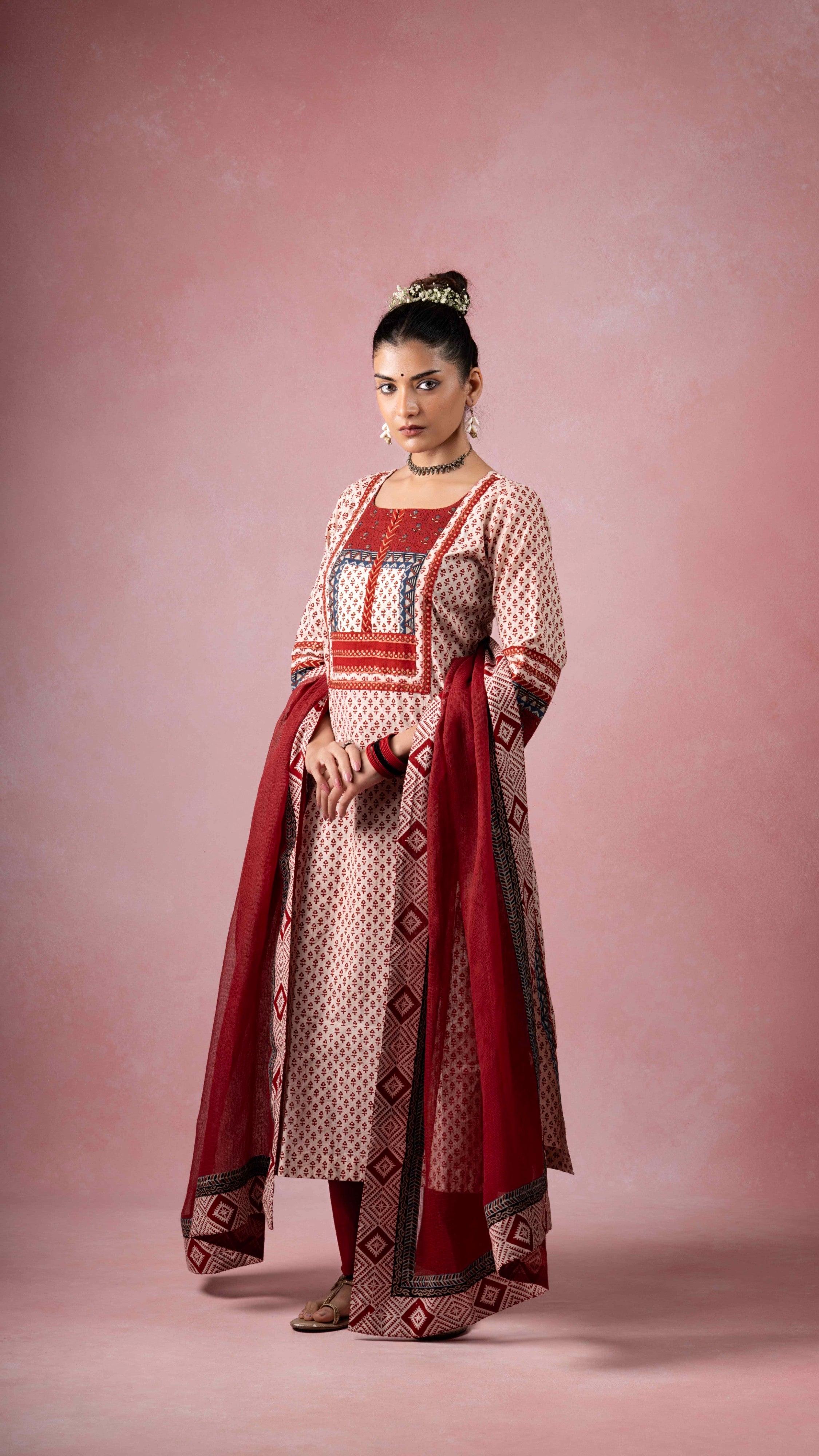 Nasreen Kota Doriya Dupatta with Ajrakh and Bagh borders